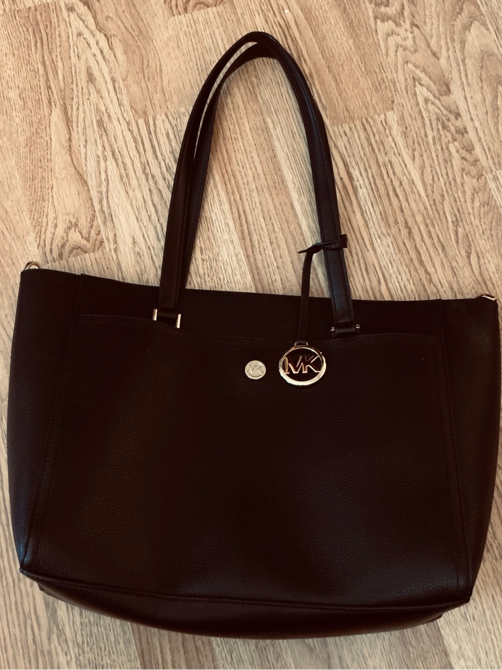 Michael Kors Black Pebbled Leather Tote with Gold MK Charm